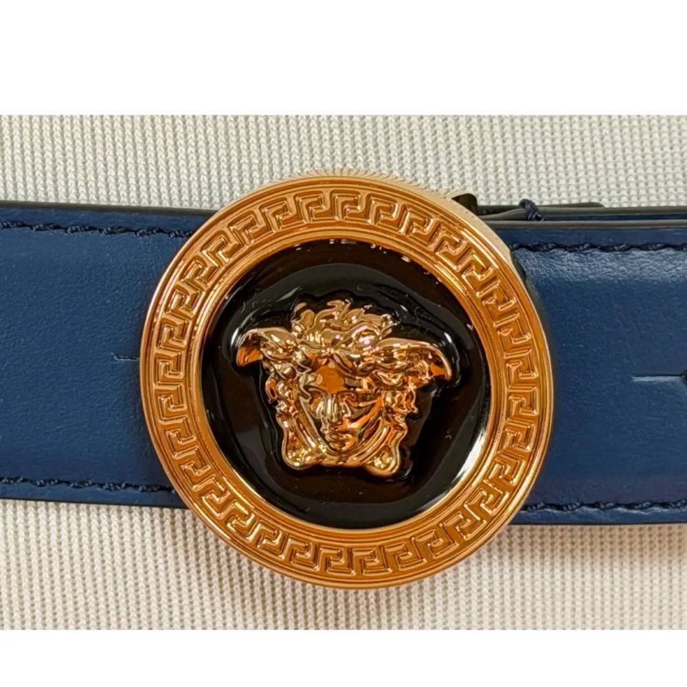 100% authentic Versace Blue Leather Belt with Gold Medusa Round Buckle - Picture 3 of 5